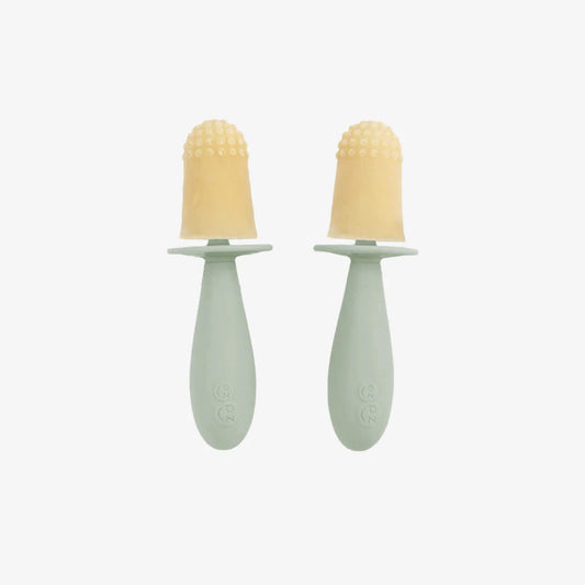 Two baby popsicle handles with textured silicone tips designed to hold frozen breast milk, formula or purée for teething relief.