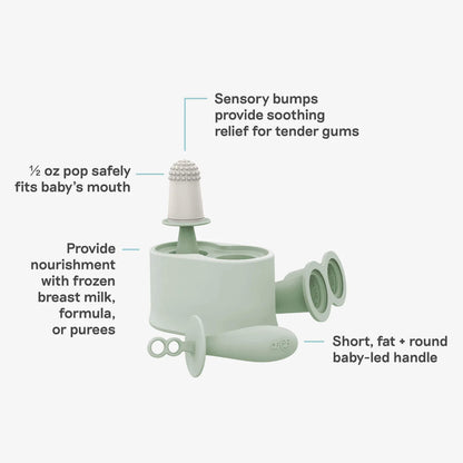 Product infographic showing baby popsicle mould with sensory bumps, baby-sized portion and easy-grip feeding handle.