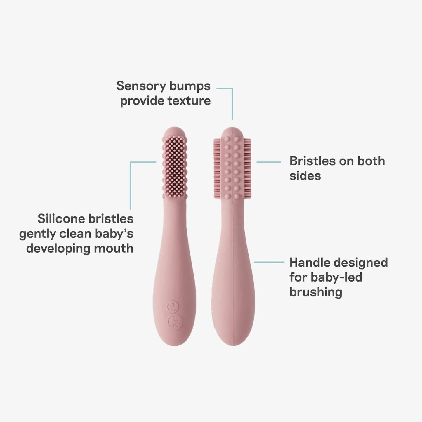 Two blush silicone baby toothbrushes displayed with labelled features showing sensory bumps for texture, silicone bristles for gentle cleaning and a handle designed for baby-led brushing.