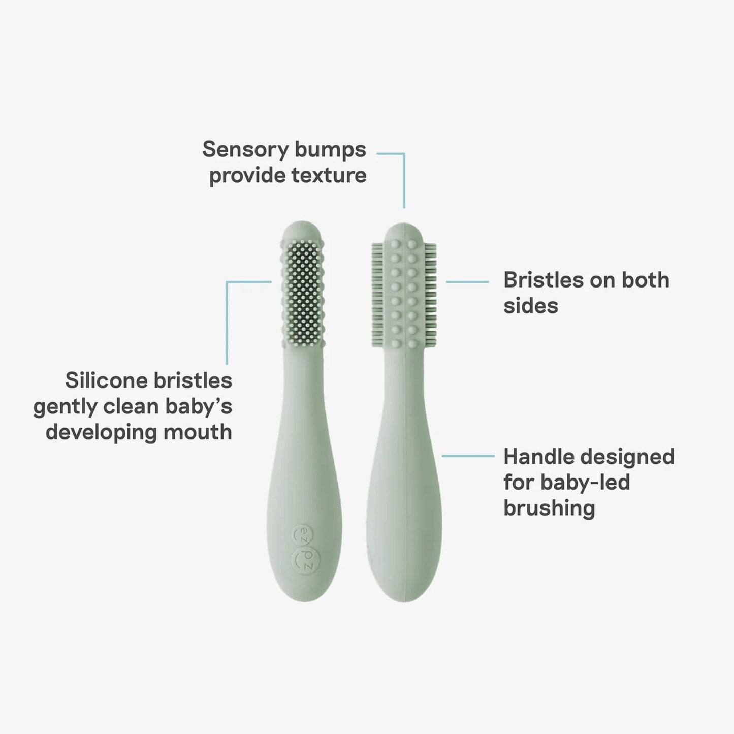 Sage green silicone baby toothbrush displayed in retail packaging labelled baby-led toothbrush for babies 3+ months with dual-sided bristles and gumline oral care design.