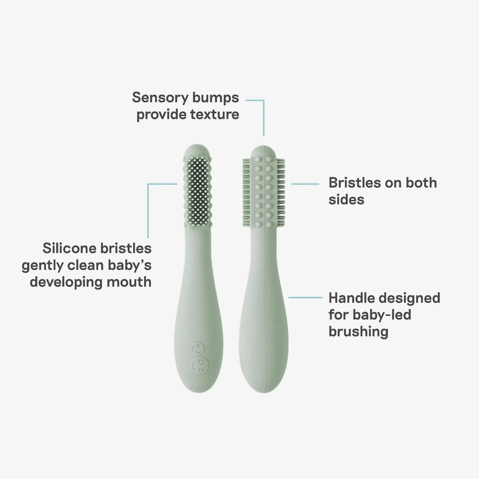 Sage green silicone baby toothbrush displayed in retail packaging labelled baby-led toothbrush for babies 3+ months with dual-sided bristles and gumline oral care design.