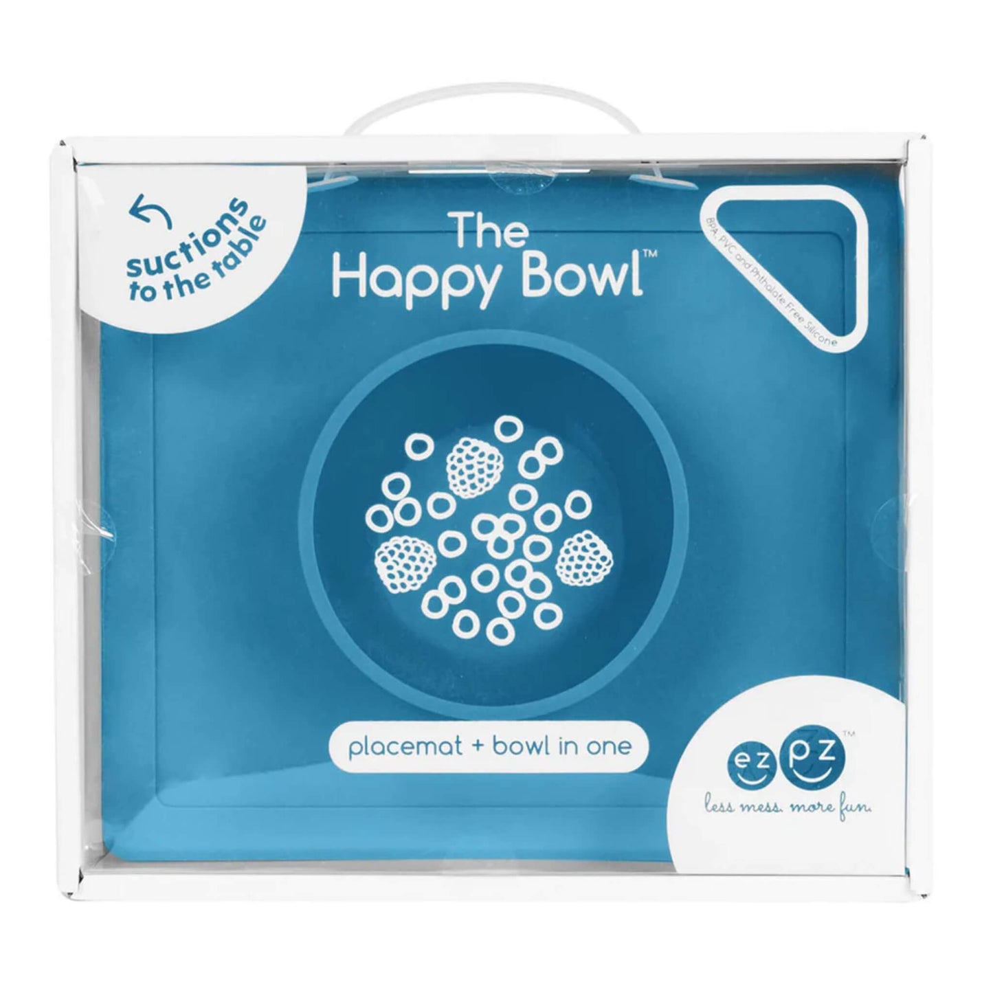 Retail packaging box showing the Happy Bowl in blue. The front displays a product illustration, the name “The Happy Bowl” and the description placemat + bowl in one.