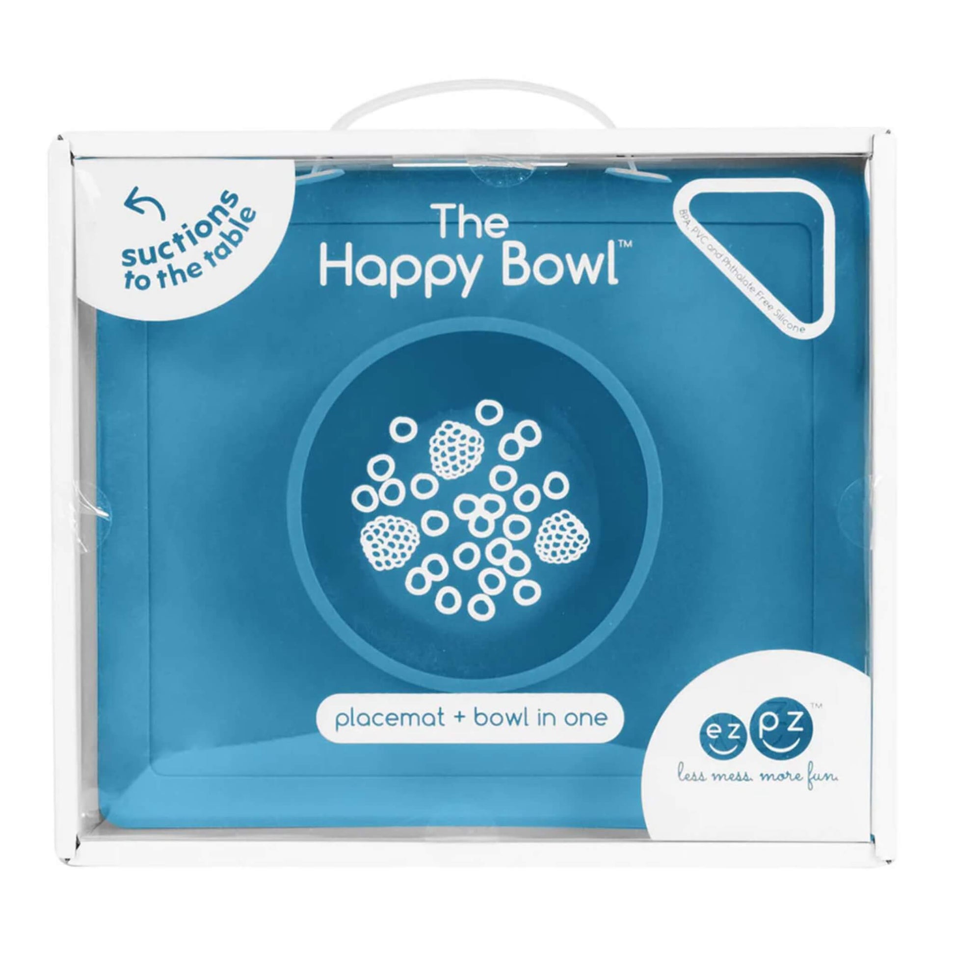 Retail packaging box showing the Happy Bowl in blue. The front displays a product illustration, the name “The Happy Bowl” and the description placemat + bowl in one.