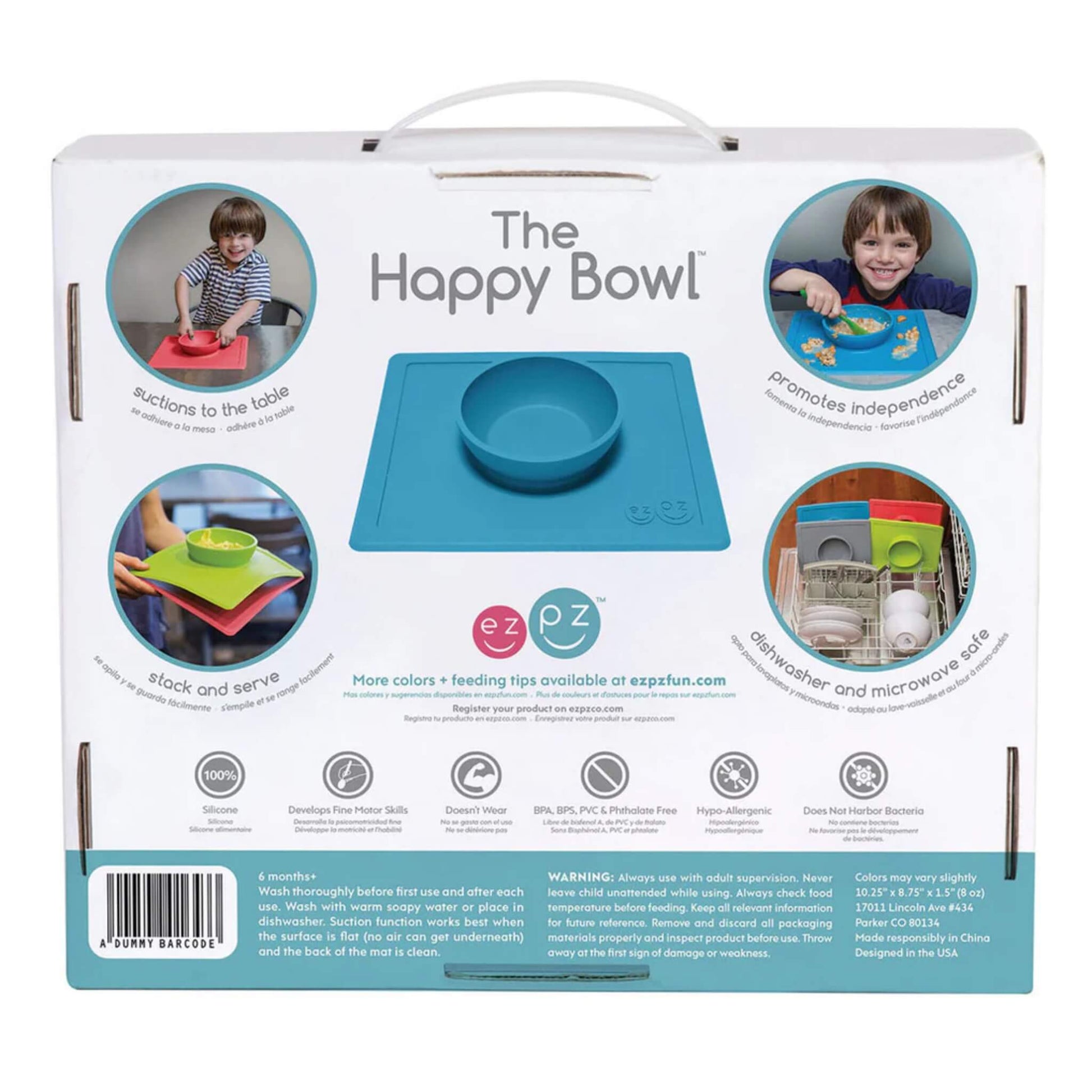 Back of product packaging with feature callouts, icons, and lifestyle photos of children using the Happy Bowl, plus dishwasher and microwave safe details.