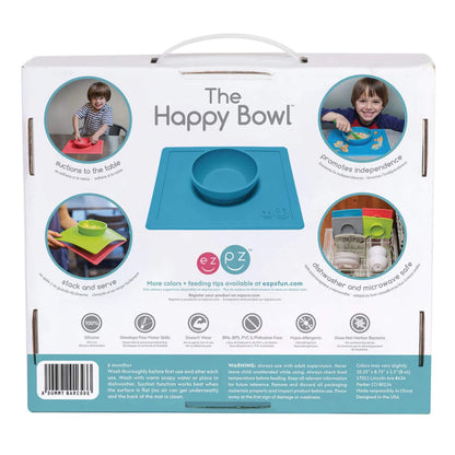 Back of product packaging with feature callouts, icons, and lifestyle photos of children using the Happy Bowl, plus dishwasher and microwave safe details.