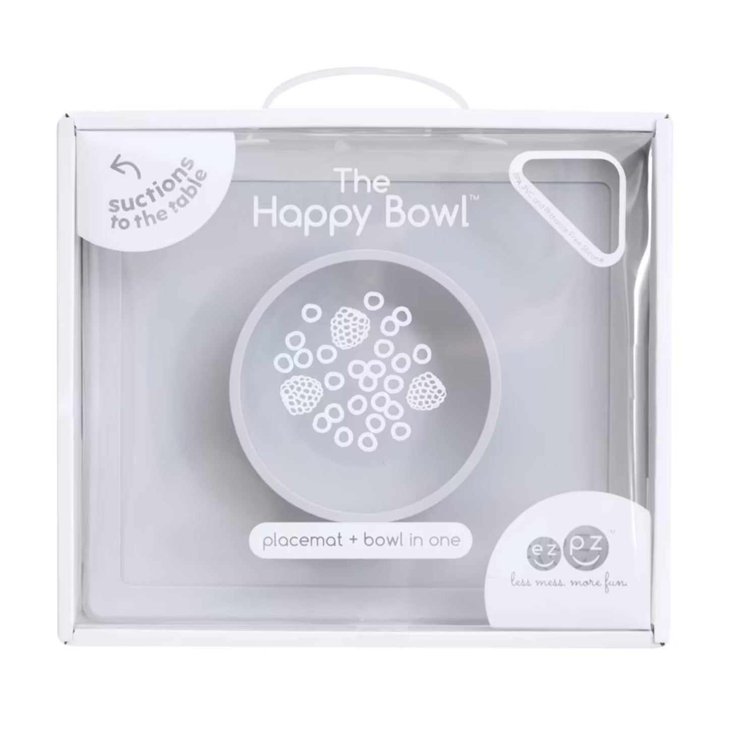 Retail packaging box showing the Happy Bowl in pewter. The front displays a product illustration, the name “The Happy Bowl” and the description placemat + bowl in one.