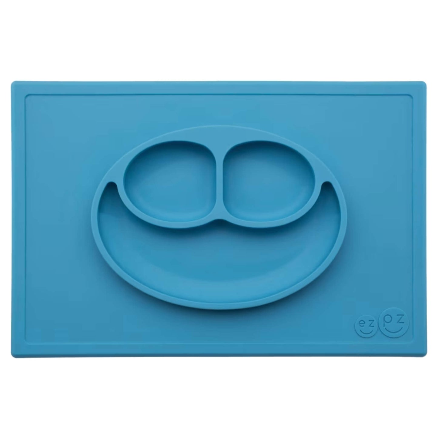 Ezpz Happy Mat in blue, a silicone placemat and plate in one with three compartments in a smiley face design to help children enjoy mealtimes.