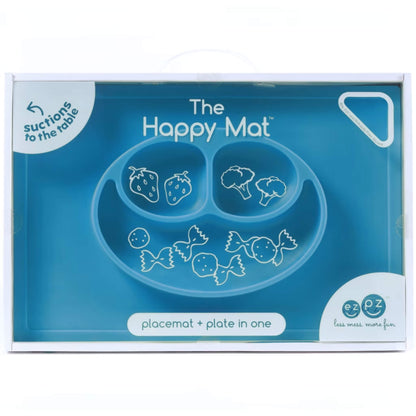 A retail box displaying a blue silicone placemat and plate combination labelled as the Happy Mat, with three food compartments illustrated on the front.