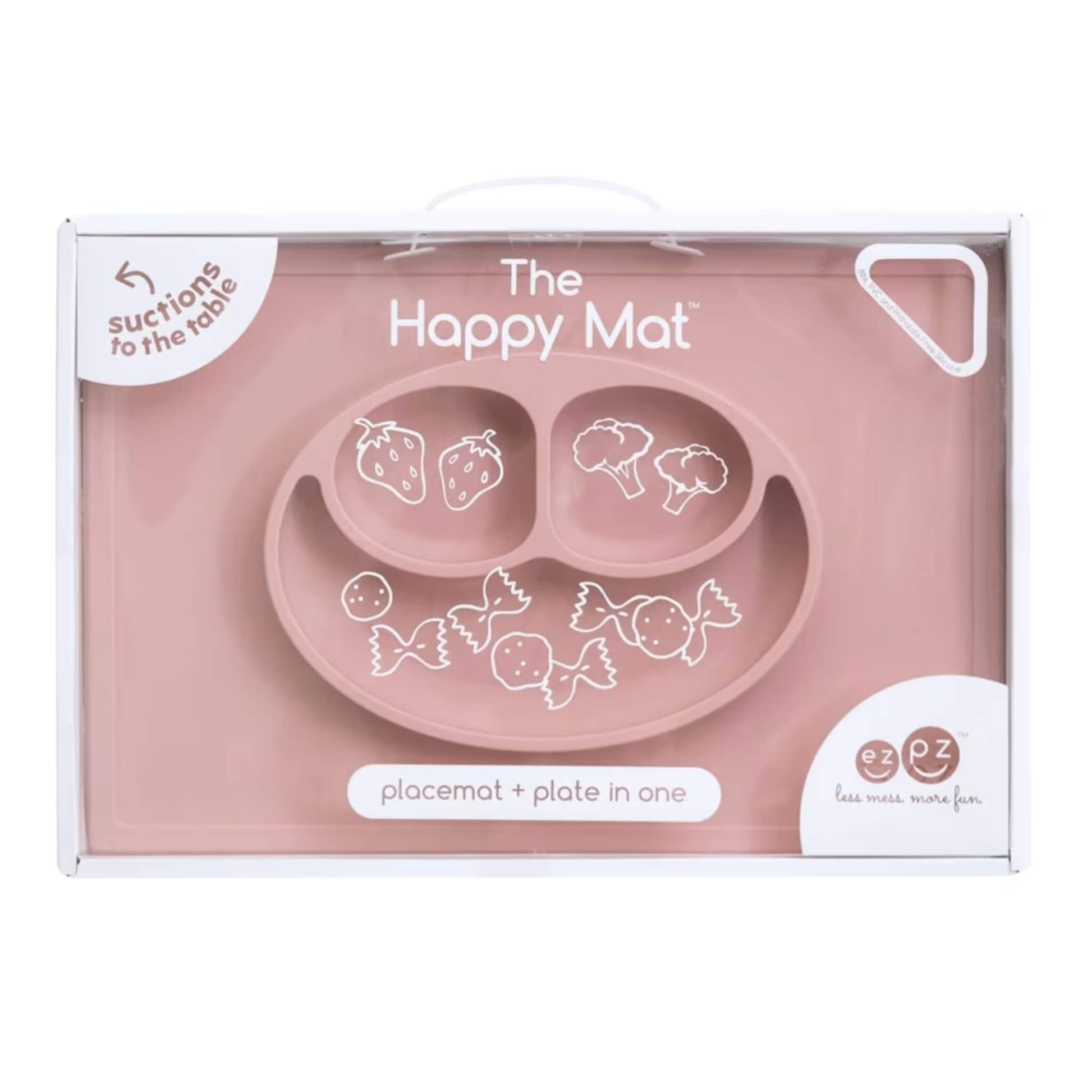 A retail box showing a blush pink silicone placemat and plate combination labelled as the Happy Mat, with three illustrated food compartments.