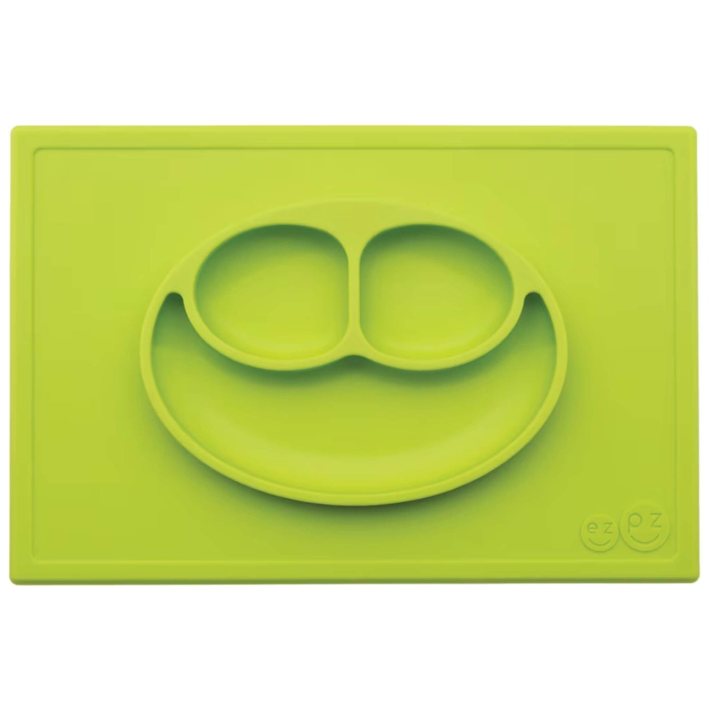 Ezpz Happy Mat in lime green, a silicone placemat and plate in one with three compartments in a smiley face design for toddler mealtimes.