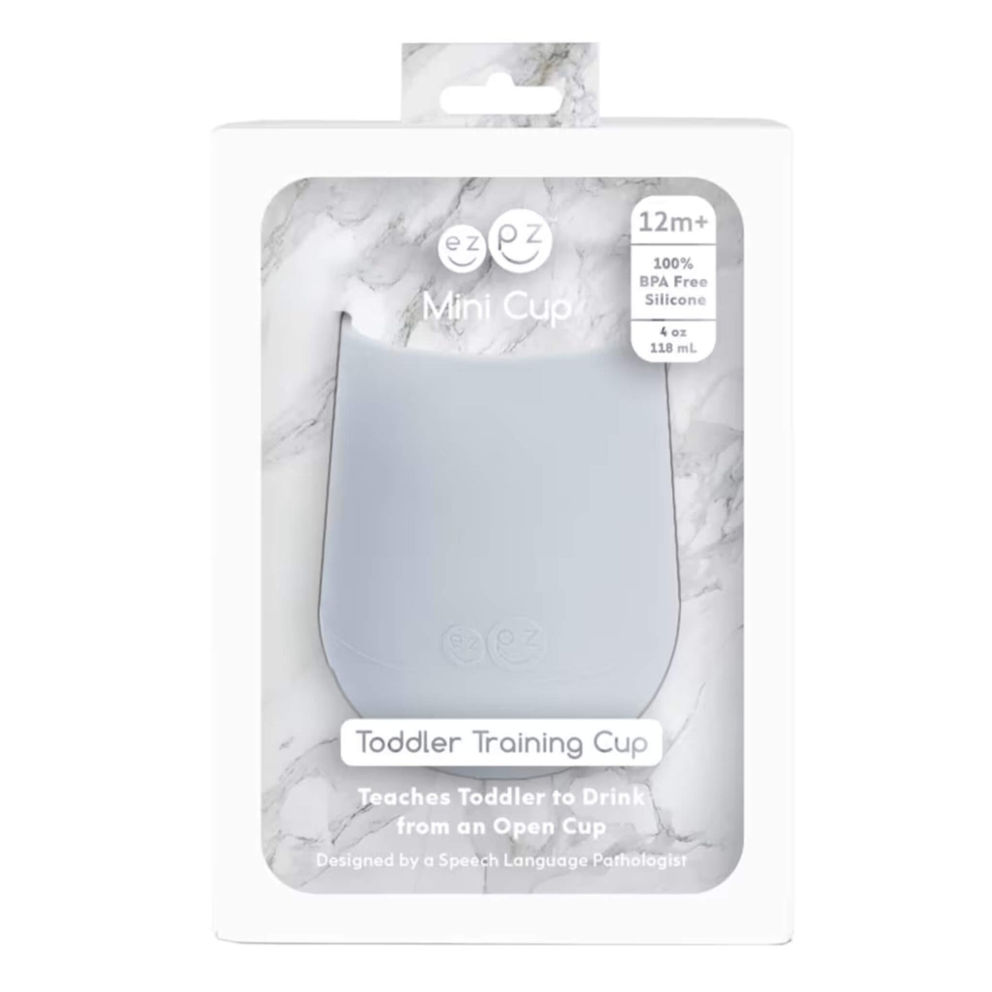 A retail box containing a pewter silicone mini training cup, labelled as BPA free and suitable for toddlers aged 12 months and older.