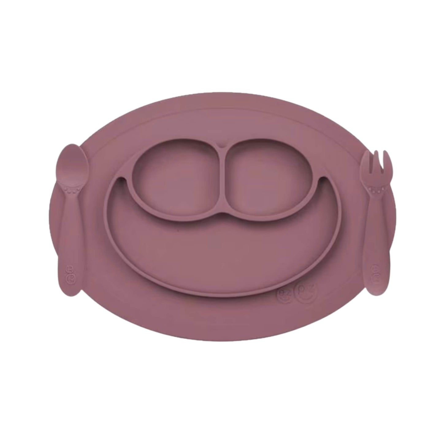 Ezpz Mini Feeding Set in Mauve shown with matching silicone mat, spoon, and fork designed for toddlers.