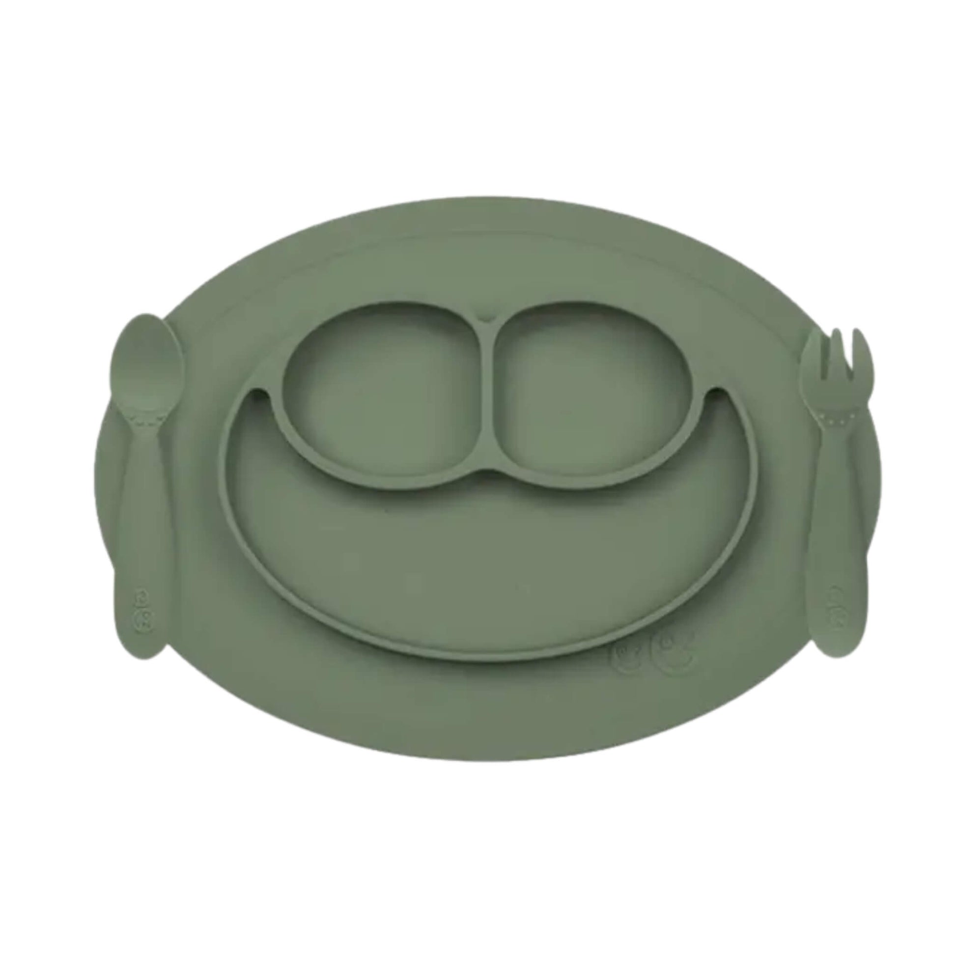 ezpz Mini Feeding Set in Blush silicone with suction placemat, divided smiley plate, toddler spoon and fork.