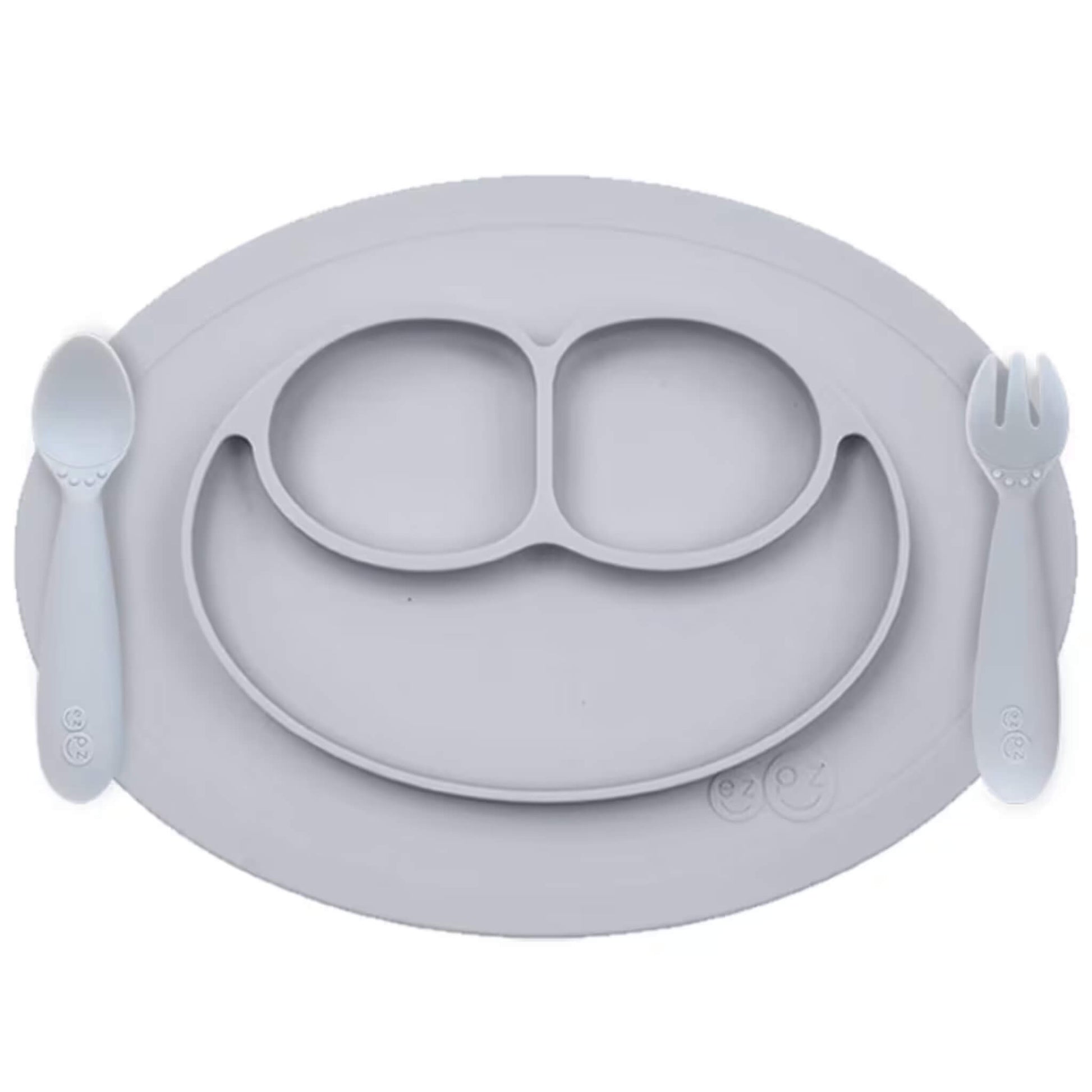 Ezpz Mini Feeding Set in Pewter shown with matching silicone mat, spoon, and fork designed for toddlers.