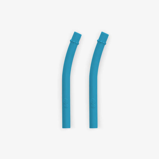 Ezpz Mini Straws in Blue shown as a pair of reusable silicone drinking straws with angled design.