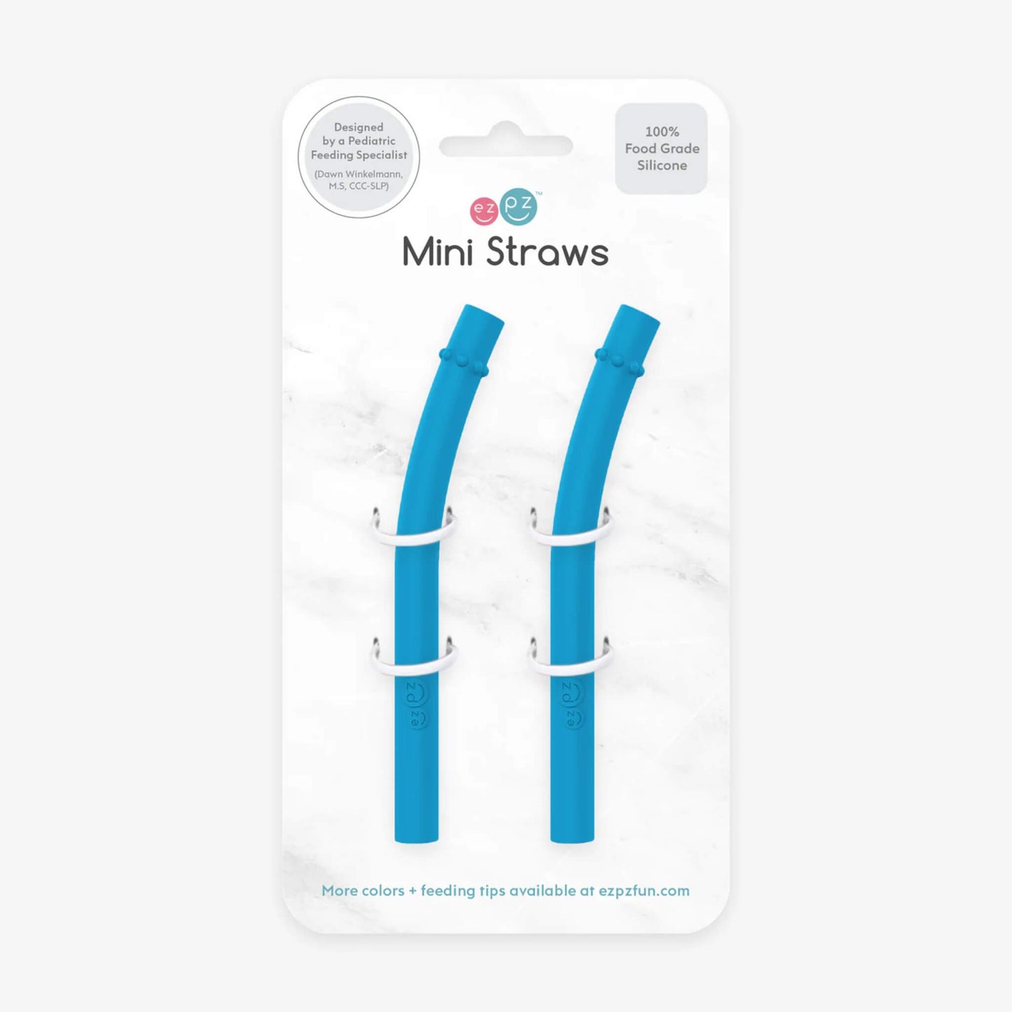 Two blue silicone mini straws displayed in Ezpz retail packaging with clear front and branding.