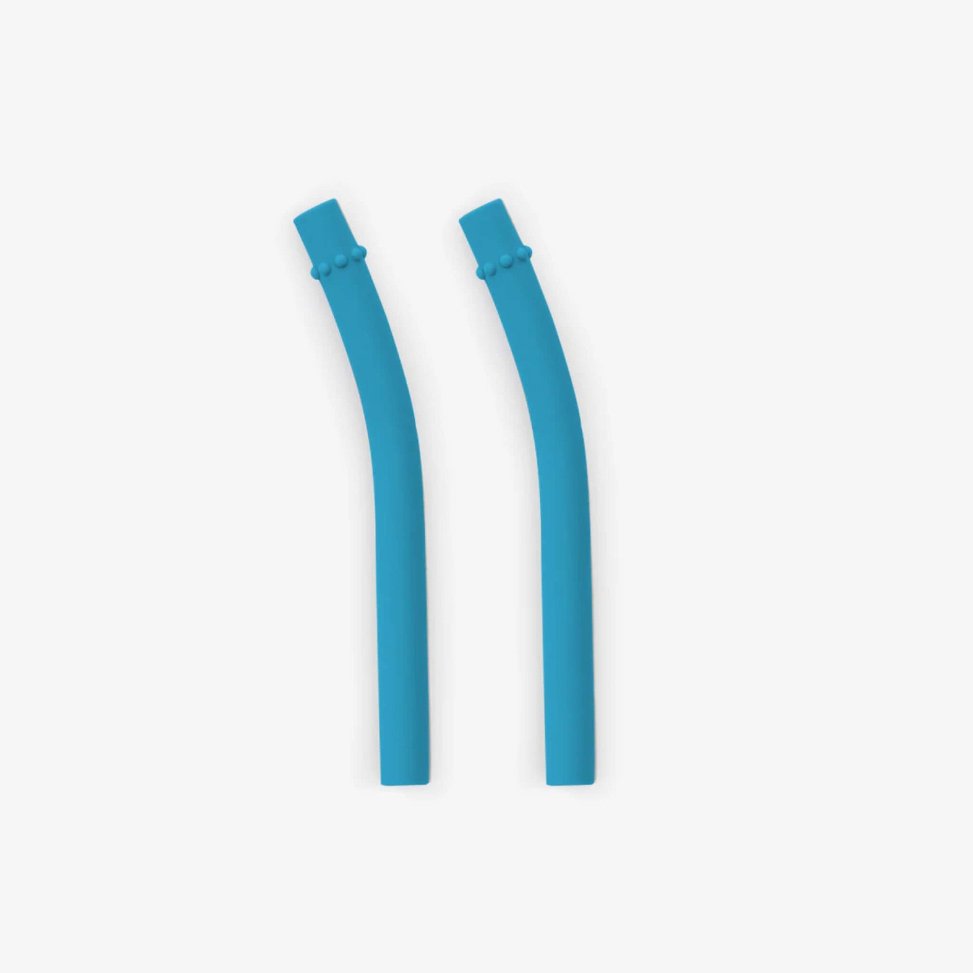 Pair of blue silicone mini straws with textured grip detail near the bend.
