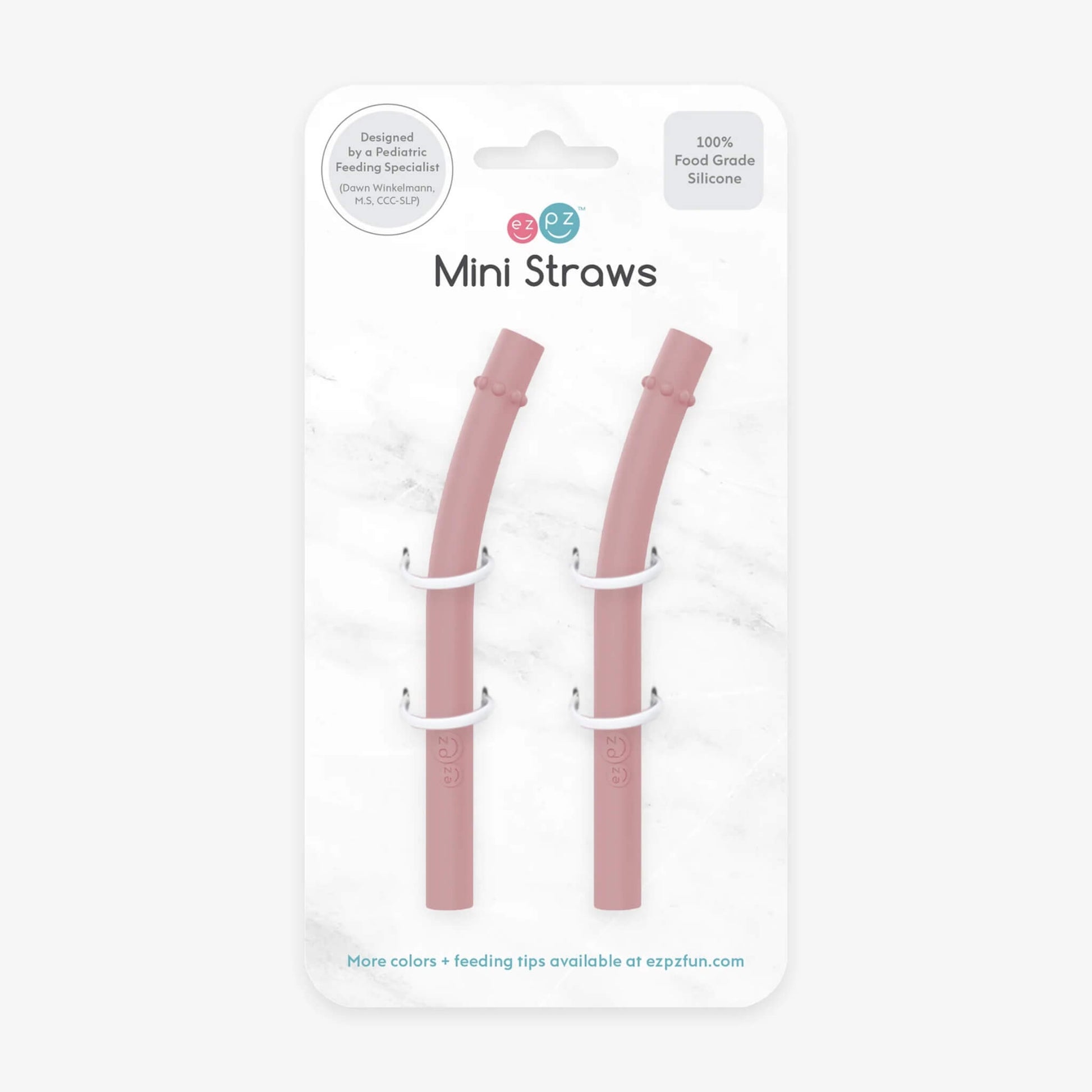 Two blush pink silicone mini straws displayed in Ezpz retail packaging with clear front and branding.