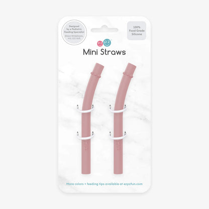 Two blush pink silicone mini straws displayed in Ezpz retail packaging with clear front and branding.