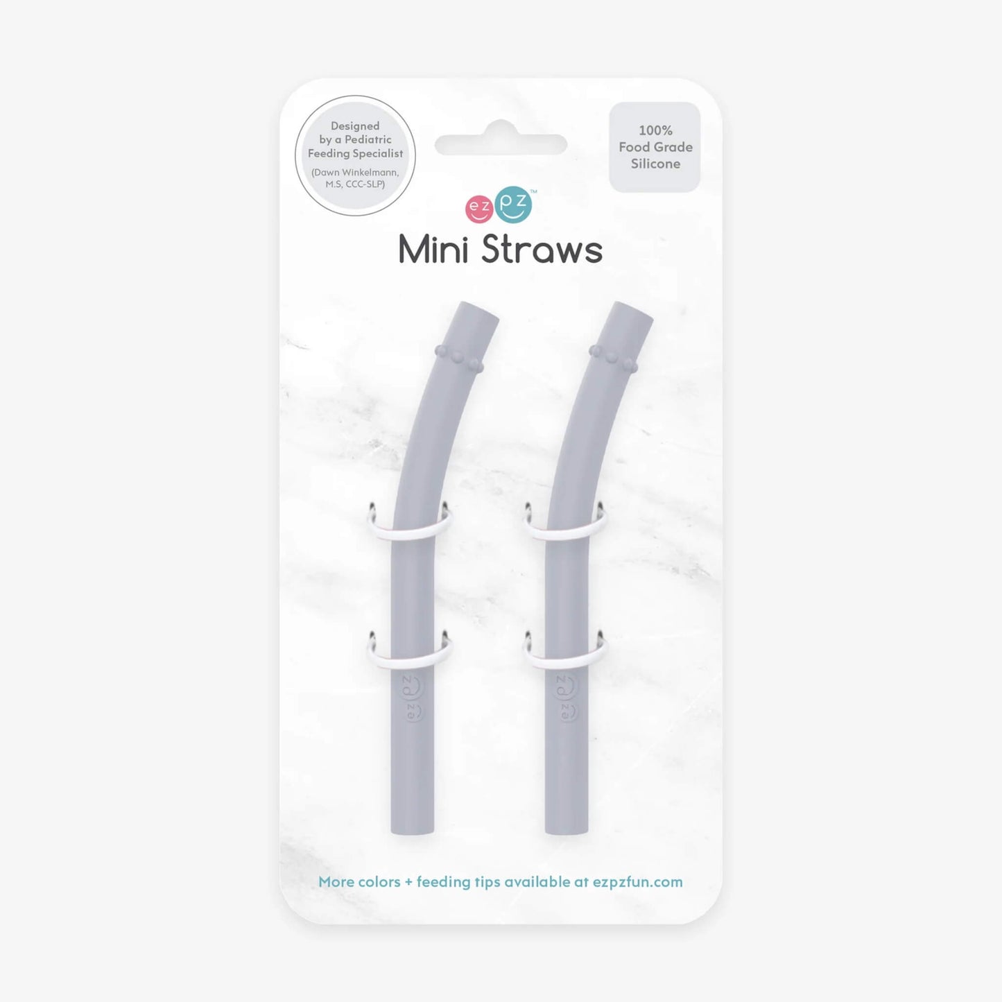 Two pewter grey silicone mini straws displayed in Ezpz retail packaging with clear front and branding.