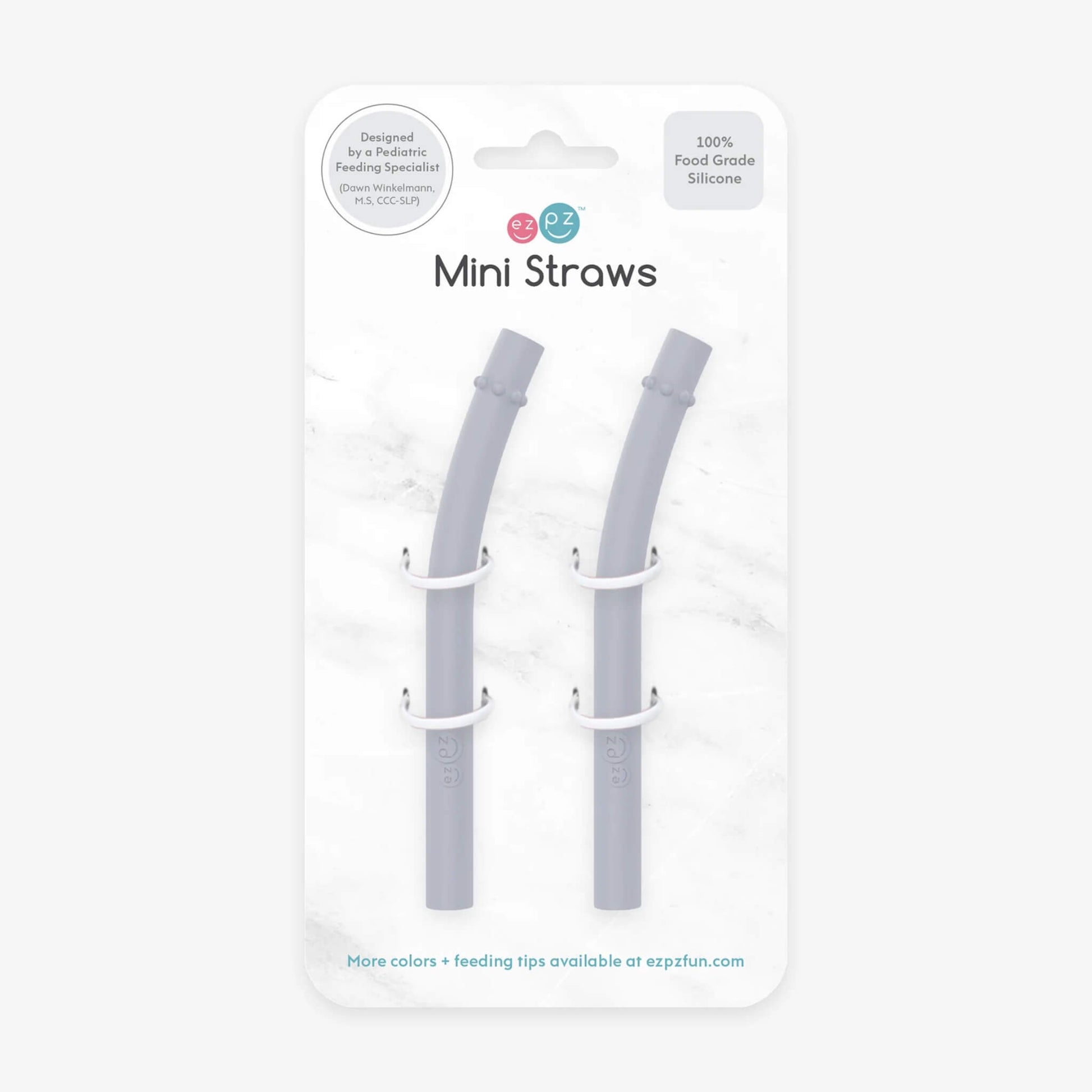 Two pewter grey silicone mini straws displayed in Ezpz retail packaging with clear front and branding.