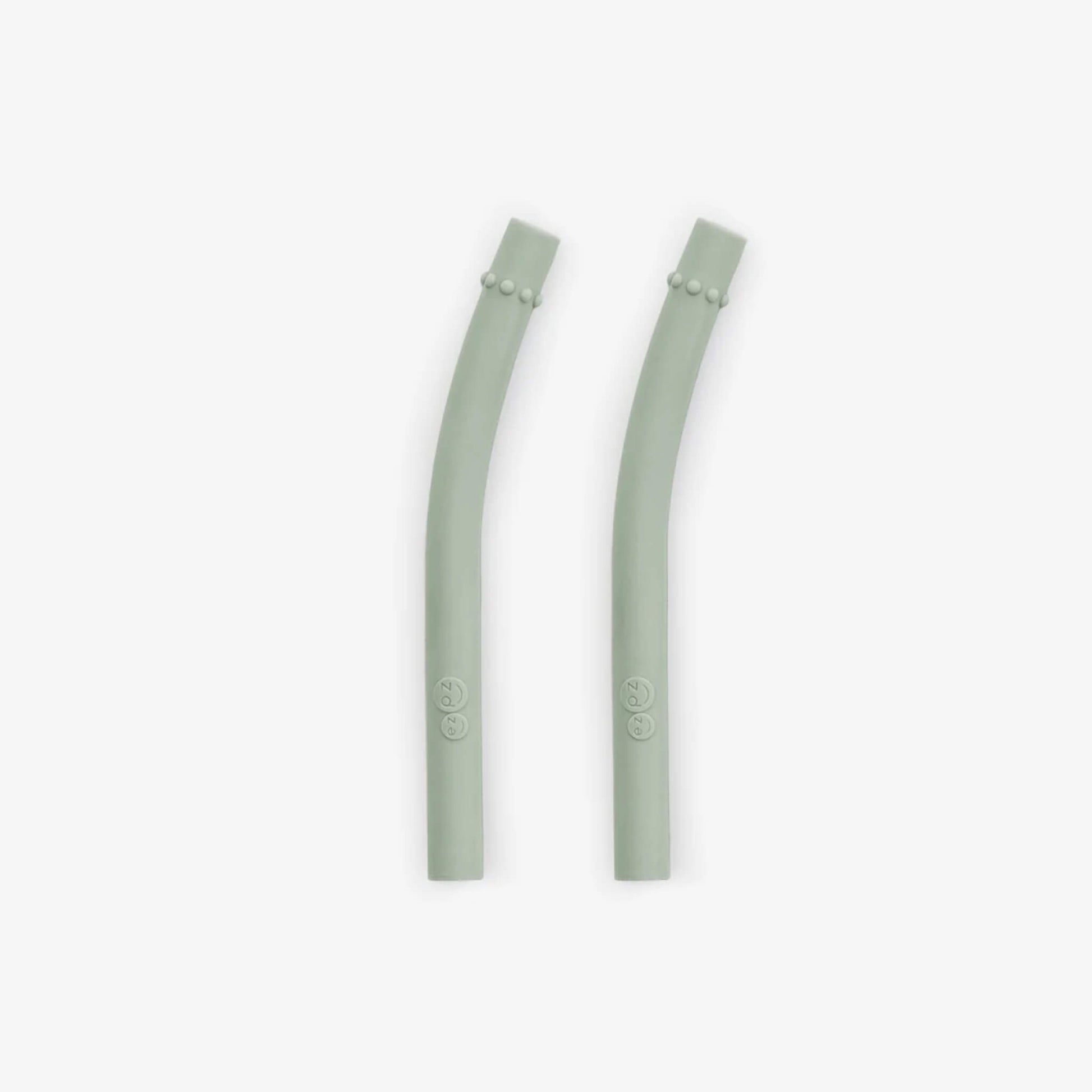 Ezpz Mini Straws in Sage shown as a pair of reusable silicone drinking straws with angled design.
