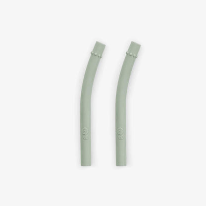 Ezpz Mini Straws in Sage shown as a pair of reusable silicone drinking straws with angled design.