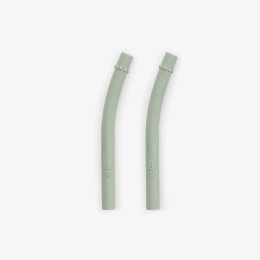 Ezpz Mini Straws in Sage shown as a pair of reusable silicone drinking straws with angled design.