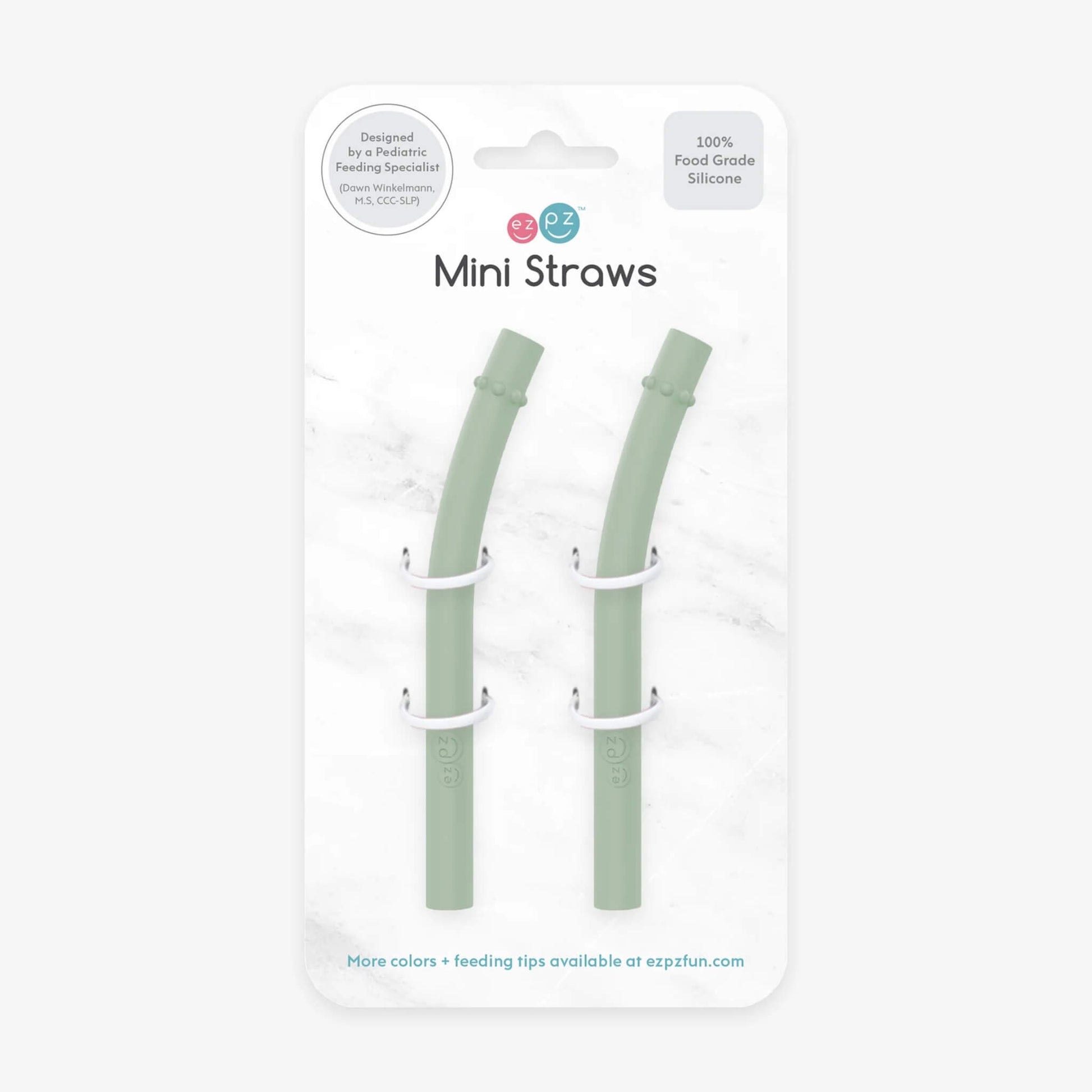 Two sage silicone mini straws displayed in Ezpz retail packaging with clear front and branding.