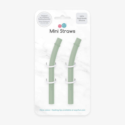 Two sage silicone mini straws displayed in Ezpz retail packaging with clear front and branding.