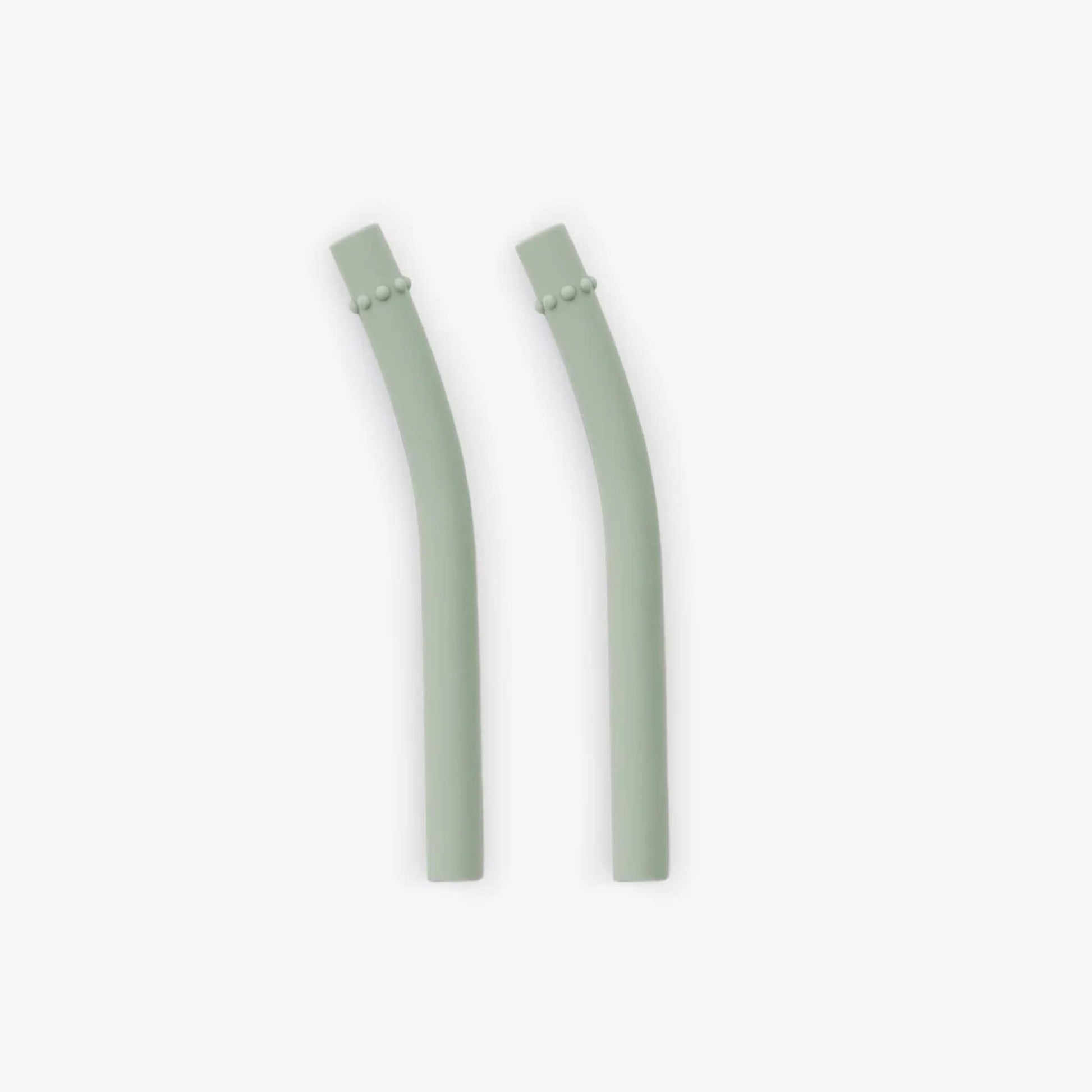 Pair of sage green silicone mini straws with textured grip detail near the bend.