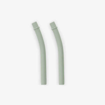 Pair of sage green silicone mini straws with textured grip detail near the bend.