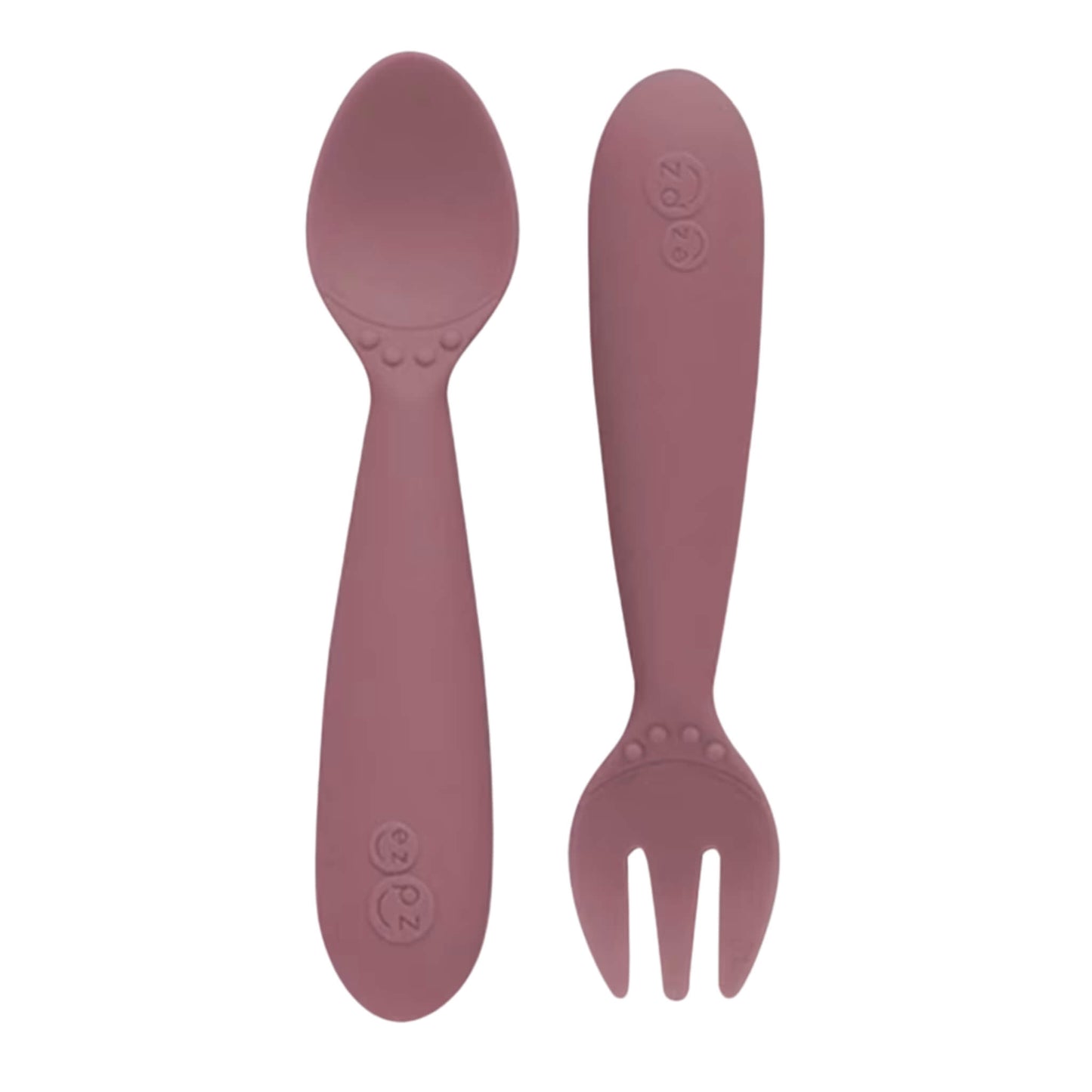Ezpz Mini Utensils in mauve, a silicone toddler fork and spoon set designed for safe self-feeding.