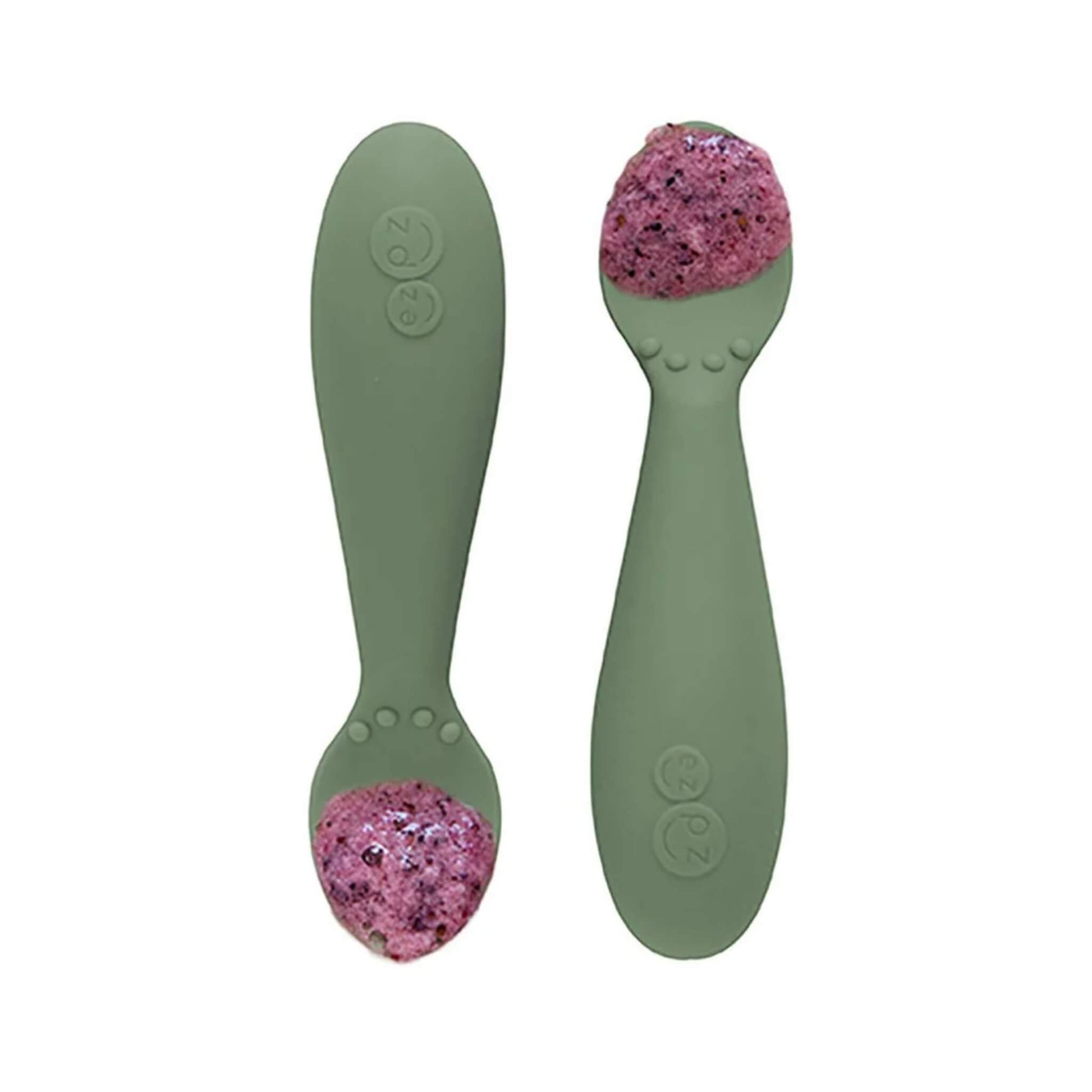 Pair of olive green silicone training spoons, each filled with a serving of purple baby food, shown close-up.