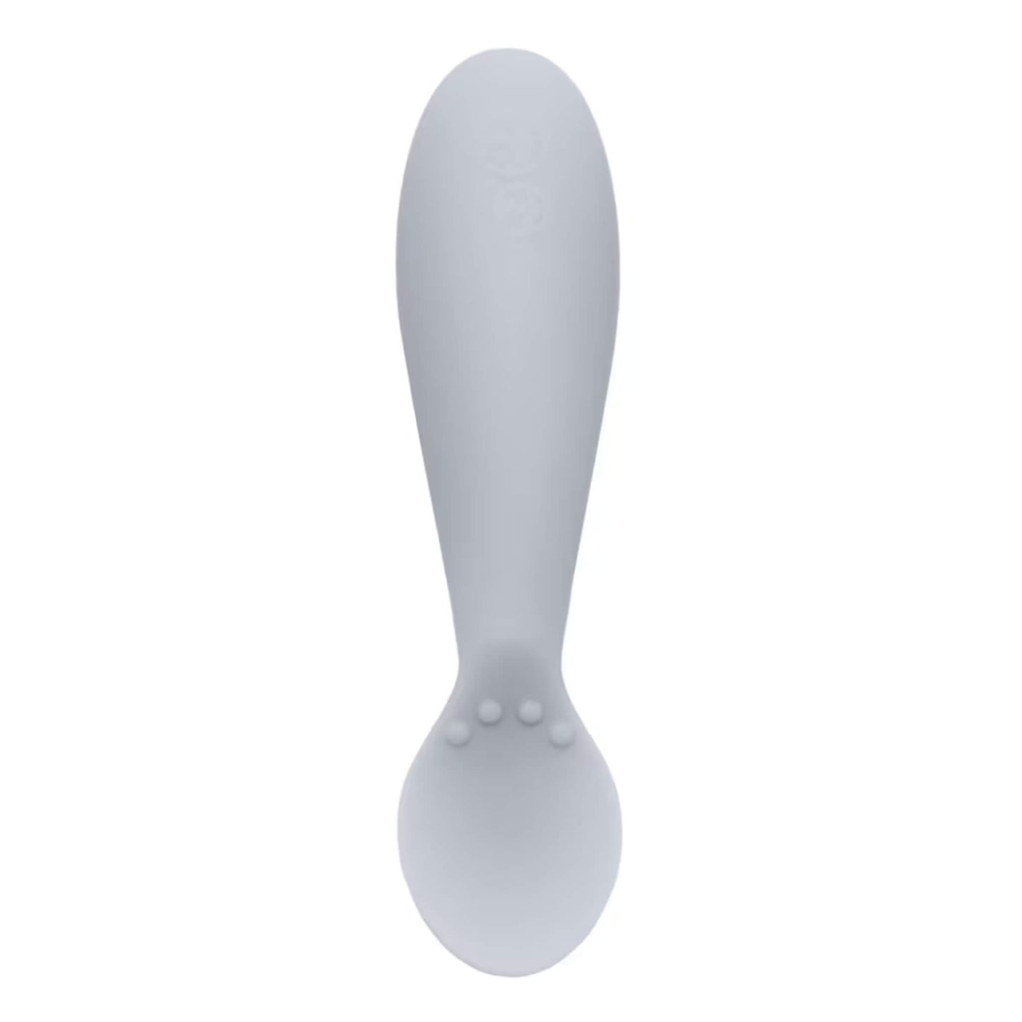 Single pewter grey silicone infant training spoon with shallow head and small textured bumps on the handle.