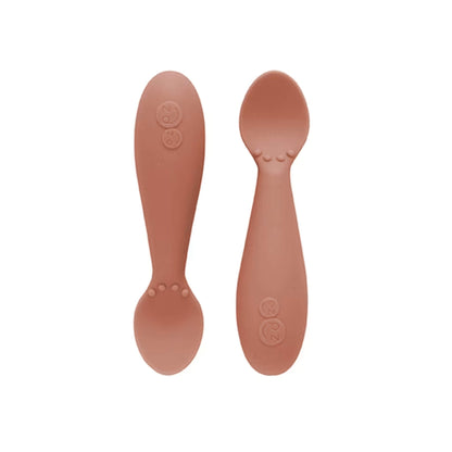 Sienna Ezpz Tiny Spoons - a pair of silicone infant training spoons with shallow heads and textured bumps near the base.