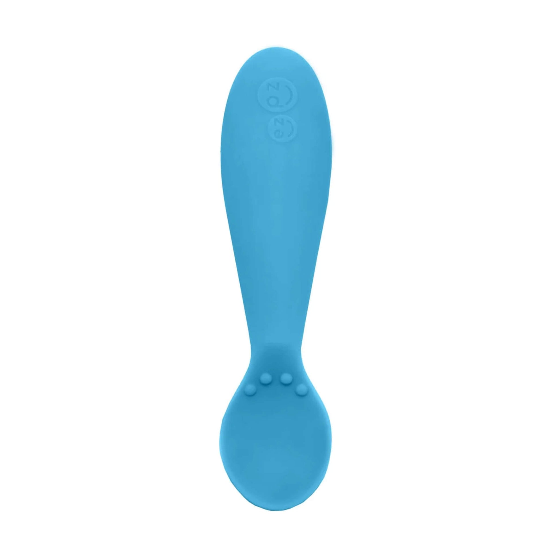 Single blue silicone training spoon with a shallow bowl and textured bumps on the handle, shown close-up.