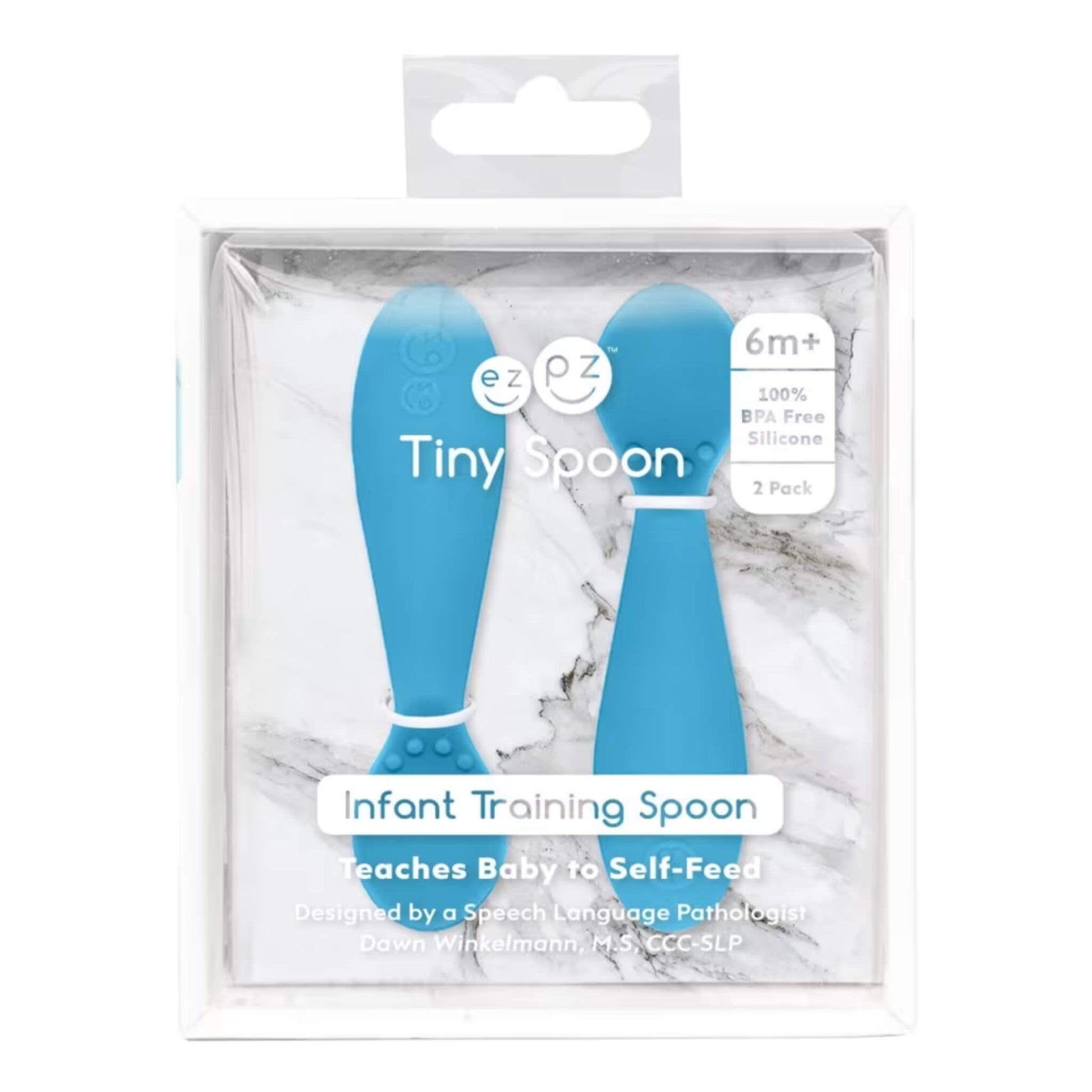 Retail packaging of a two-pack of blue infant training spoons labelled Ezpz Tiny Spoon, displayed in a clear box with product details.