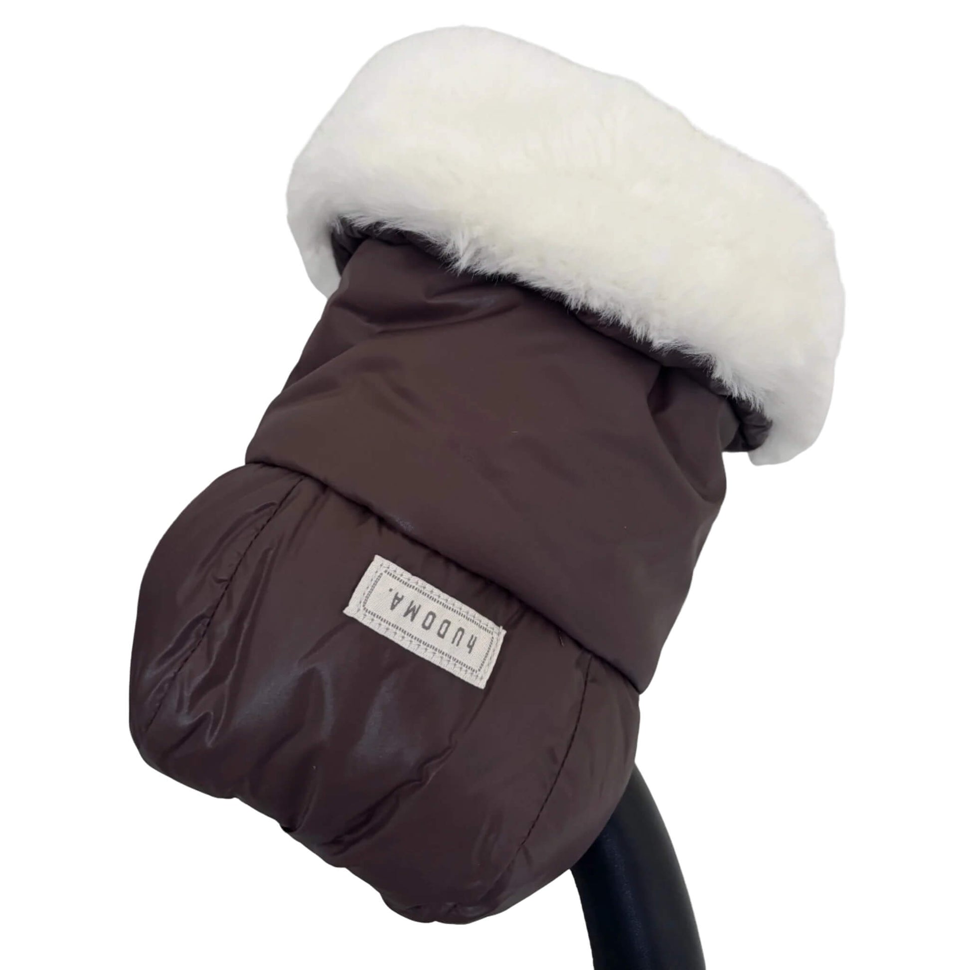 Close-up of one brown pram glove attached to a stroller handle, showing white faux fur lining folded over the top edge.