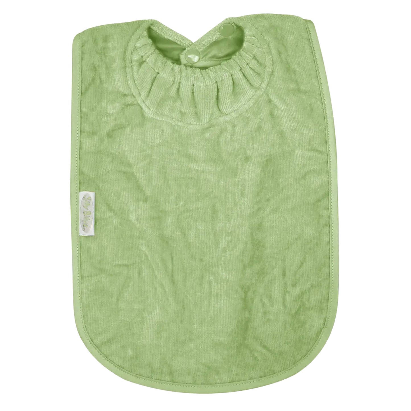 Sage green towelling baby bib with a soft absorbent finish, elasticated neckline and press stud fastening designed for everyday feeding and dribble protection.