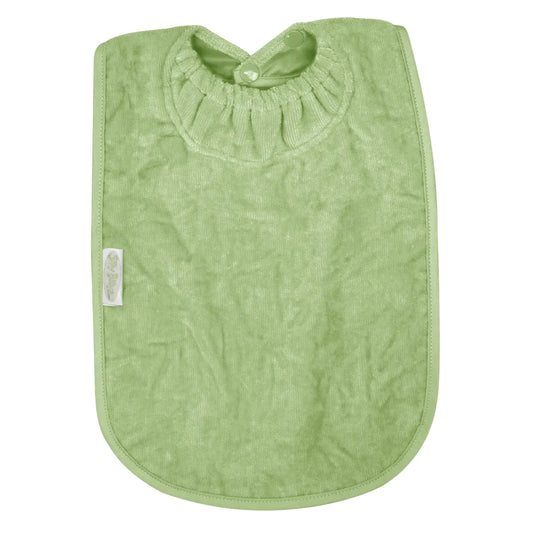 Sage green towelling baby bib with a soft absorbent finish, elasticated neckline and press stud fastening designed for everyday feeding and dribble protection.