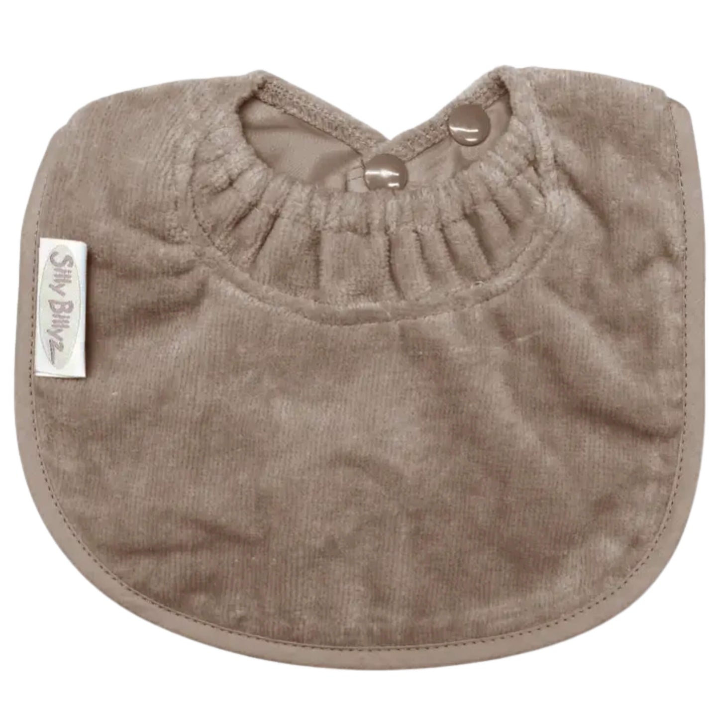 Taupe towelling baby bib with a soft absorbent finish, elasticated neckline and press stud fastening designed for easy everyday feeding and dribble protection.