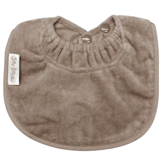 Taupe towelling baby bib with a soft absorbent finish, elasticated neckline and press stud fastening designed for easy everyday feeding and dribble protection.