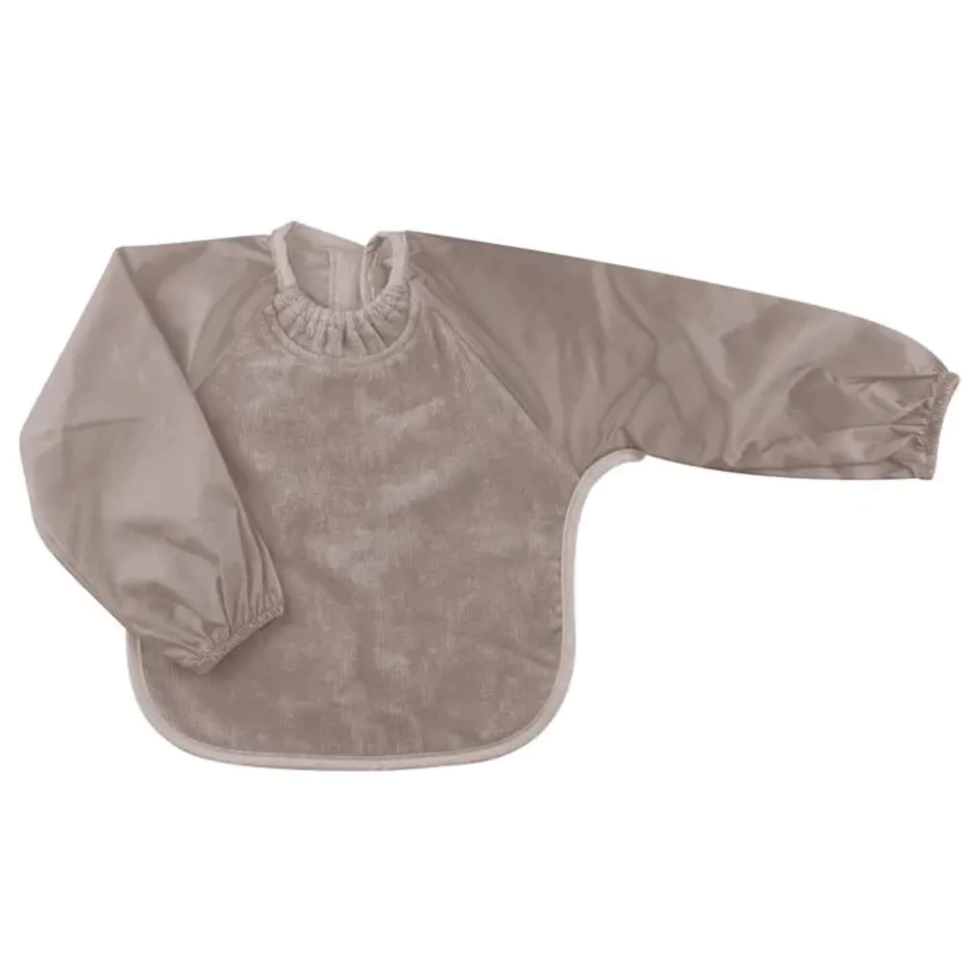 Taupe long sleeve baby bib with a soft absorbent towelling front, waterproof sleeves and elasticated cuffs designed to help keep clothing cleaner during feeding and messy play.