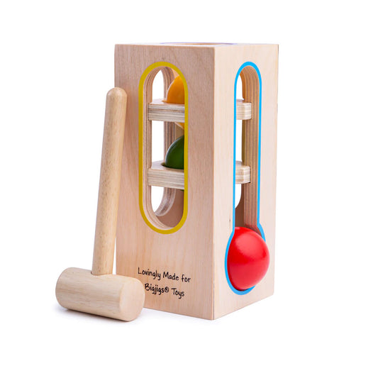This simple wooden toy promises hours of hammering fun as each coloured ball is knocked down to the bottom of the ball tower and then placed at the top to start agai