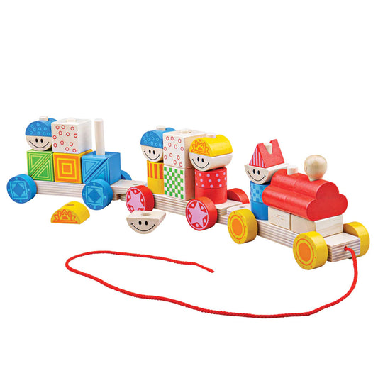 Enjoy two great toys in one with the Build Up Pull Along Train. Creative little minds will love building up the vibrantly detailed wooden blocks to form the toy train engine and carriage.  Once assembled, the show is on the road (in the form of a twisting and turning wooden pull along train)!