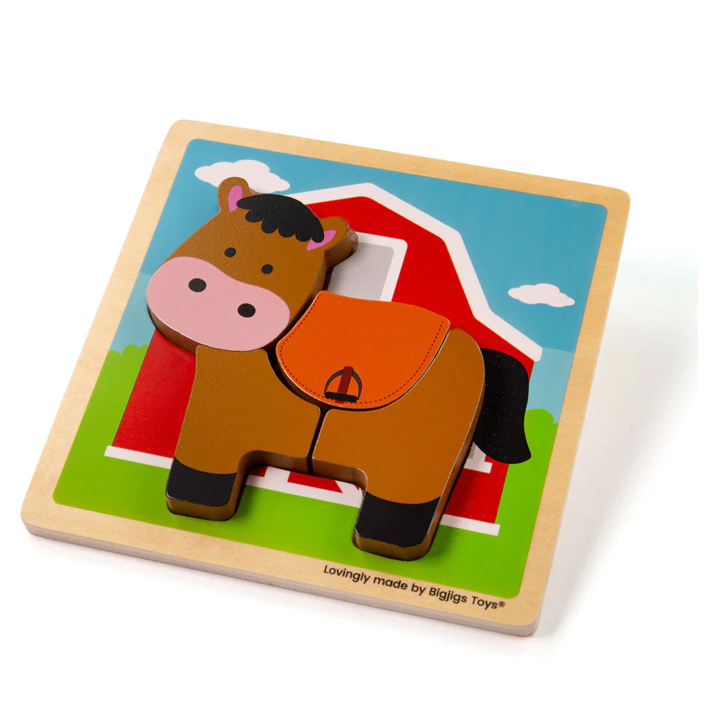 The perfect first wooden puzzle for tots, this BigJigs Chunky Lift-Out Horse Puzzle has four chunky puzzle pieces that make a happy horse with a saddle. A great way for busy little hands to grasp, place and examine as well as learn about horses and the noises they make.