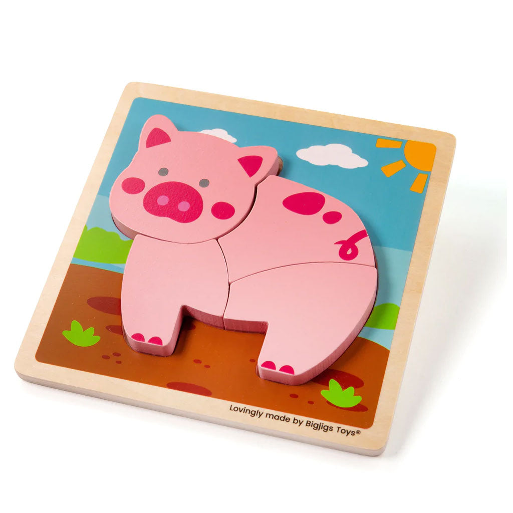 The perfect first wooden puzzle for tots, this BigJigs Chunky Lift-Out Pig Puzzle has four chunky puzzle pieces that make a pink piggy. A great way for busy little hands to grasp, place and examine as well as learn about pigs and the noises they make.