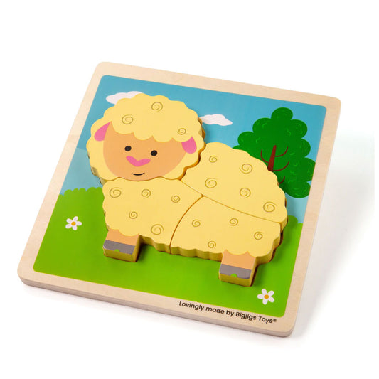 The perfect first wooden puzzle for tots, this BigJigs Chunky Lift-Out Sheep Puzzle has four chunky puzzle pieces that make a fluffy sheep. A great way for busy little hands to grasp, place and examine as well as learn about sheep and the noises they make.