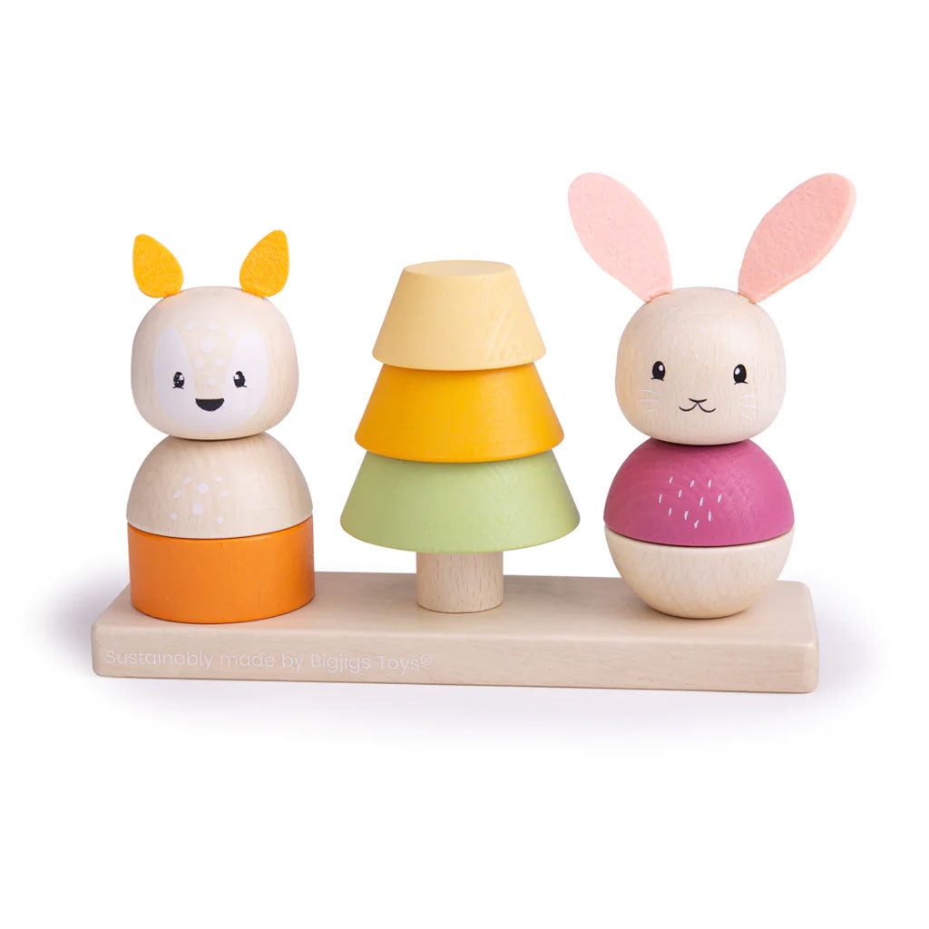Stack, build and play! This delightful BigJigs FSC Woodland stacking toy is crafted from sustainably sourced wood from FSC Certified forests and features two adorable rabbit and fox woodland creatures as well as a stackable pine tree.
